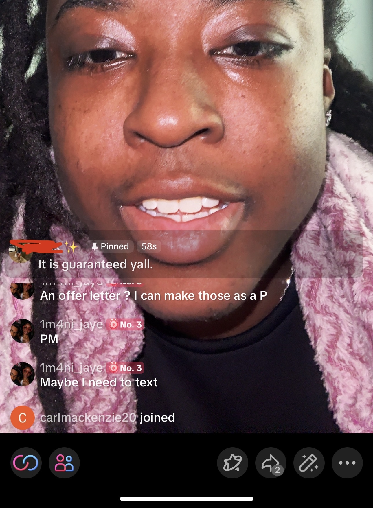 Client testimonial screenshot from TikTok Live