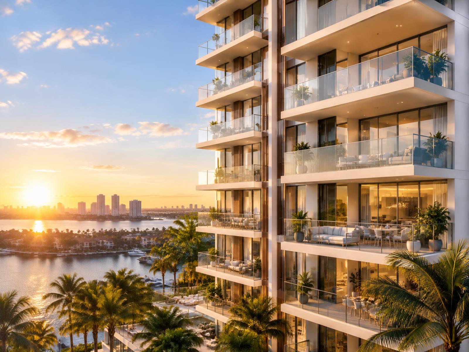 Modern luxury high-rise apartment building at golden hour