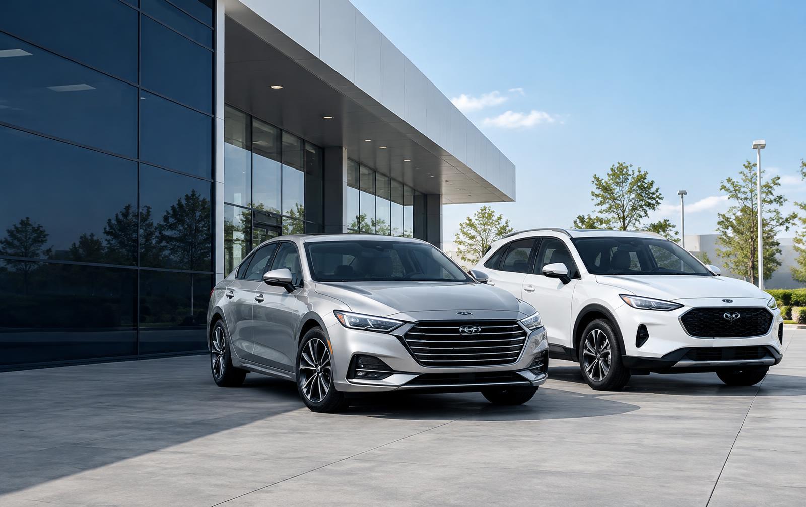 A silver sedan and a white crossover on a modern automotive forecourt
